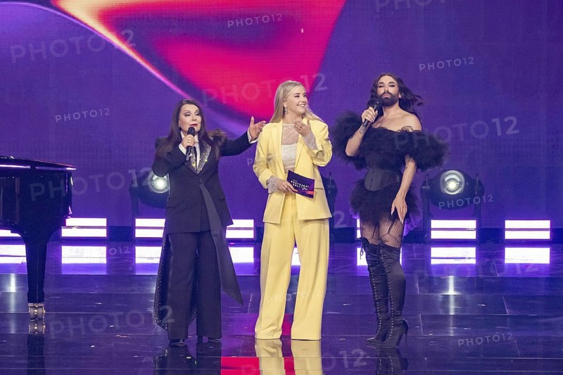 Marianne Rosenberg and Conchita Wurst in conversation with Beatrice Egli at the Beatrice Egli Show in Studio Berlin Adlershof on 08.04.2025. The broadcast will take place on Easter Saturday, 19 April 2025, 20:15, on Ersten