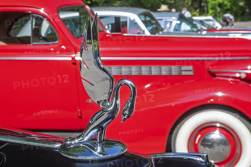 Grosse Pointe Shores, Michigan - The hood ornament of a 1937 Packard Twelve 1508 Rollston was on display for the media preview of the annual Eyes on Design auto show