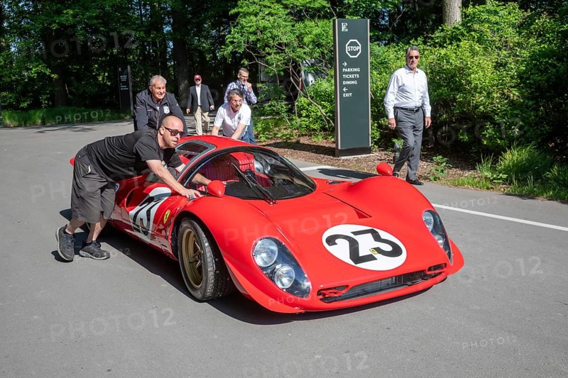 Grosse Pointe Shores, Michigan - The 1965 Ferrari P4 RCR was pushed into place for the media preview of the annual Eyes on Design auto show