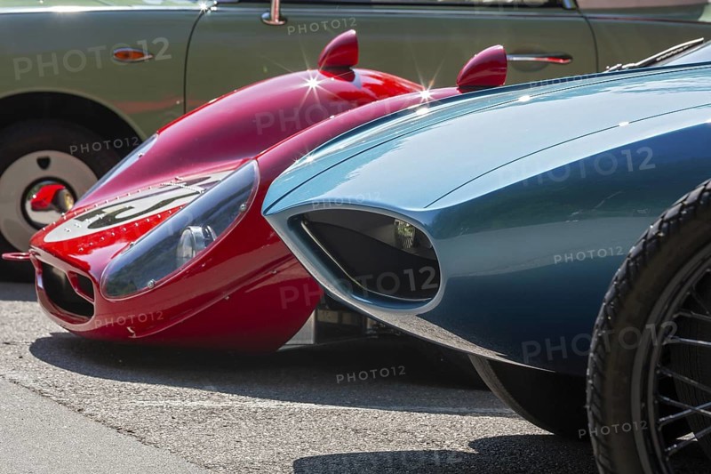 Grosse Pointe Shores, Michigan - The 1966 Pontiac Vivant concept car (right) and the 1966 Ferrari P4 RCR were on display for the media preview of the annual Eyes on Design auto show