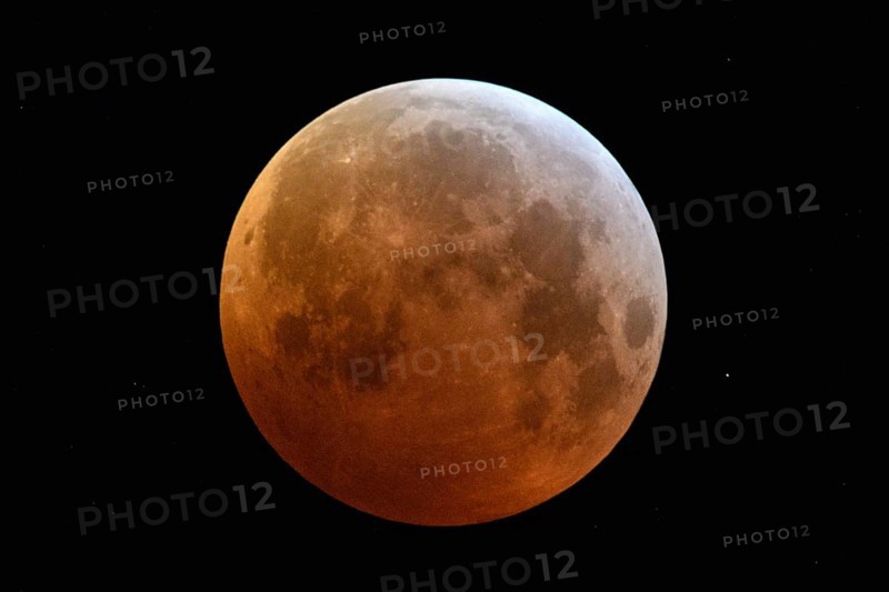 Blood moon (lunar eclipse), orange moon on 21 January 2019, 04:10 a.m., entry of the supermoon into the Earth's umbra, North Rhine-Westphalia, Germany, Meerbusch, Düsseldorf Niederrhe, North Rhine-Westphalia, Germany