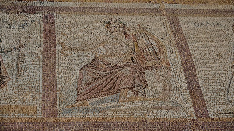 Ancient mosaic of a seated figure with lute, mythological impression, Archaeological Site, Western Excavation, Kos Town, Kos, Dodecanese, Greek Islands, Greece