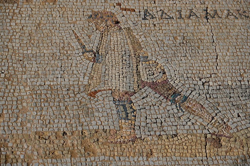 Ancient mosaic of a man with a sword in his hand, Archaeological Site, Western Excavation, Kos Town, Kos, Dodecanese, Greek Islands, Greece