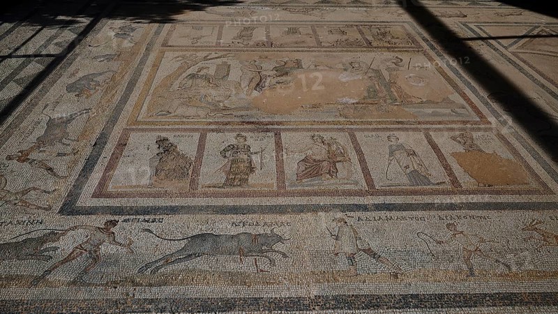 Overview of an ancient mosaic with several figurative and scenic depictions, Archaeological Site, Western Excavation, Kos Town, Kos, Dodecanese, Greek Islands, Greece