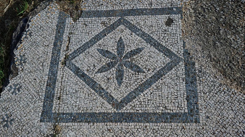 Geometric mosaic with a floral pattern in a square frame, Archaeological Site, Western Excavation, Kos Town, Kos, Dodecanese, Greek Islands, Greece