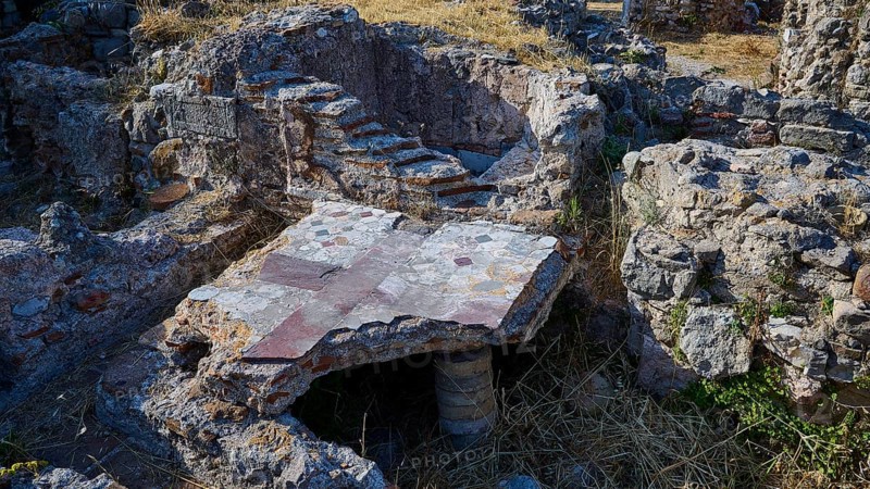 Detail of an ancient ruined site with stone structures and small staircase, Archaeological site, Floor heating, Thermal baths, Western excavation, Kos town, Kos, Dodecanese, Greek Islands, Greece