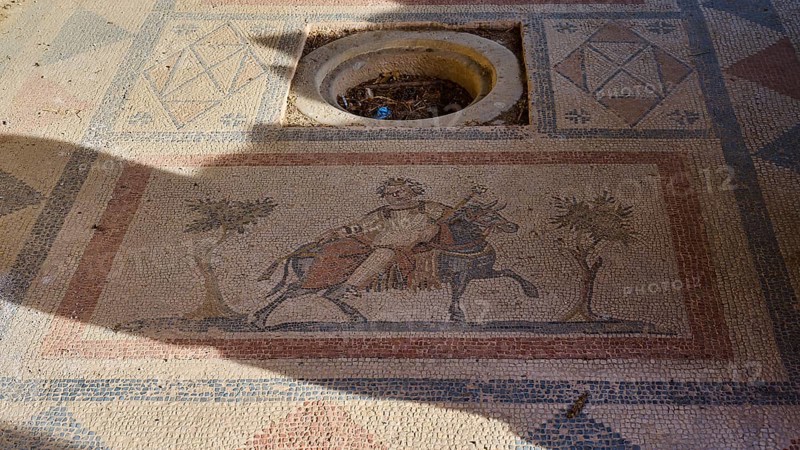 Ancient mosaic depicting a man and a horse surrounded by geometric patterns, House of Beluga (sturgeon), Archaeological Site, Western Excavation, Kos Town, Kos, Dodecanese, Greek Islands, Greece