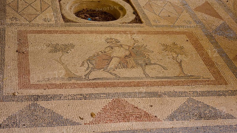 Ancient mosaic with figures and geometric patterns, showing people and a horse, Archaeological Site, House of Europe, Western Excavation, Kos Town, Kos, Dodecanese, Greek Islands, Greece