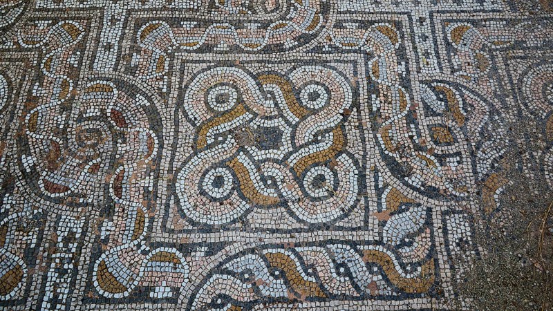 Close-up of an ancient mosaic floor with mostly round patterns, Archaeological Site, Western Thermae, Western Excavation, Kos Town, Kos, Dodecanese, Greek Islands, Greece