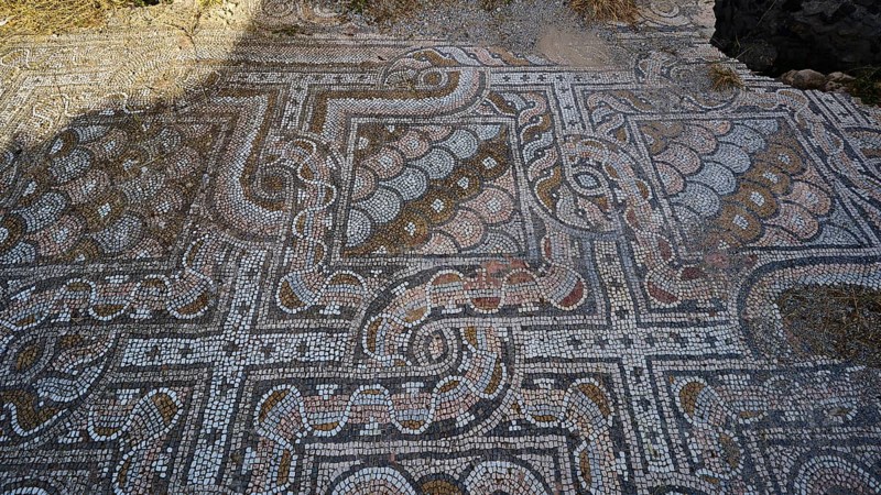 Detail of an ancient mosaic floor with curved geometric patterns, Archaeological Site, Western Baths, Western Excavation, Kos Town, Kos, Dodecanese, Greek Islands, Greece