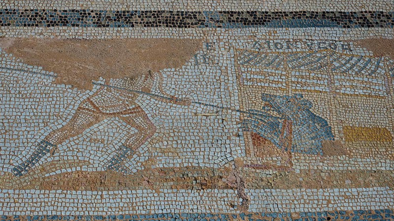 Ancient mosaic showing a warrior fighting an animal, Archaeological Site, Western Excavation, Kos Town, Kos, Dodecanese, Greek Islands, Greece
