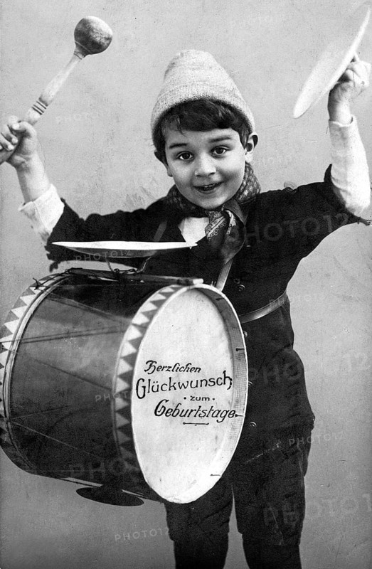 Child drum, 1920, Boy with drum and birthday wishes in a cheerful depiction, historical photo