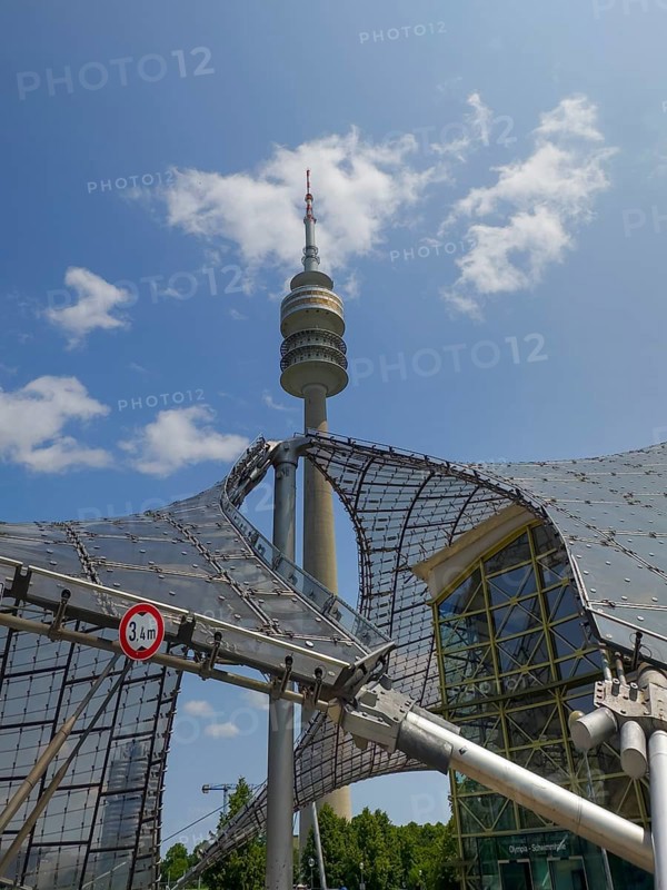 Roof construction of indoor swimming pool, Olympic Tower, Olympic Park, Munich, Bavaria, Germany