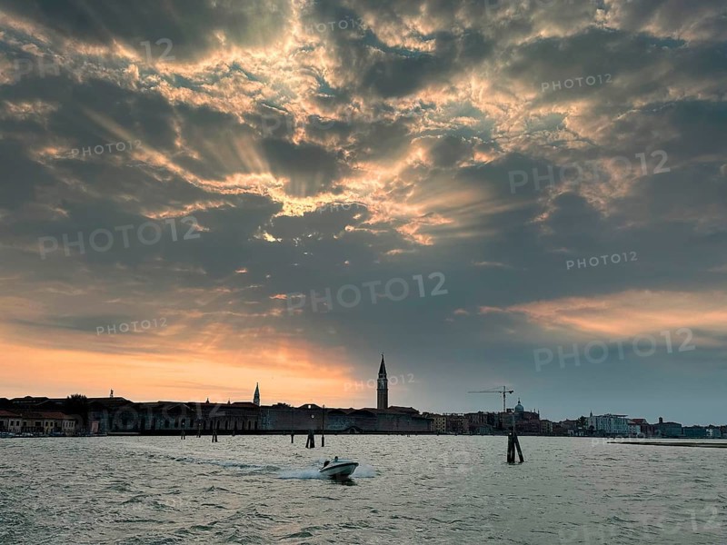 View over the lagoon to Venice with St Mark's Tower, lagoon city of Venice, Veneto, Italy