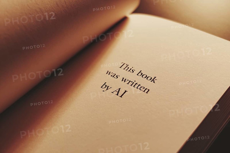 Close up of first page of a novel book with text saying 'This book was written by AI'. Generative Ai, AI generated