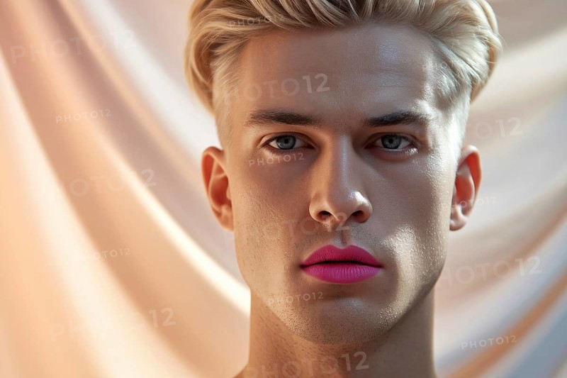 Young caucasian man with short blond hair and with pink lipstick. Generative Ai, AI generated
