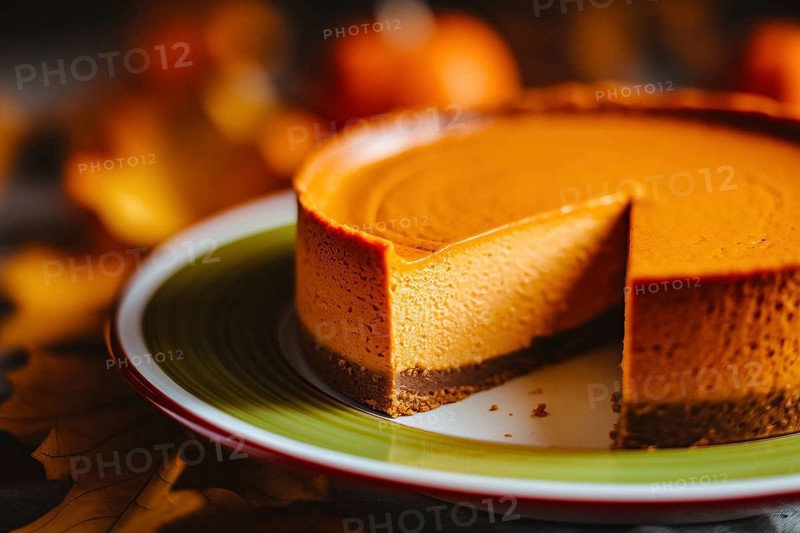 Pumpkin cheesecake with piece taken out on autumn plate with rust-colored leaves and warm cozy lighting. Generative ai, AI generated