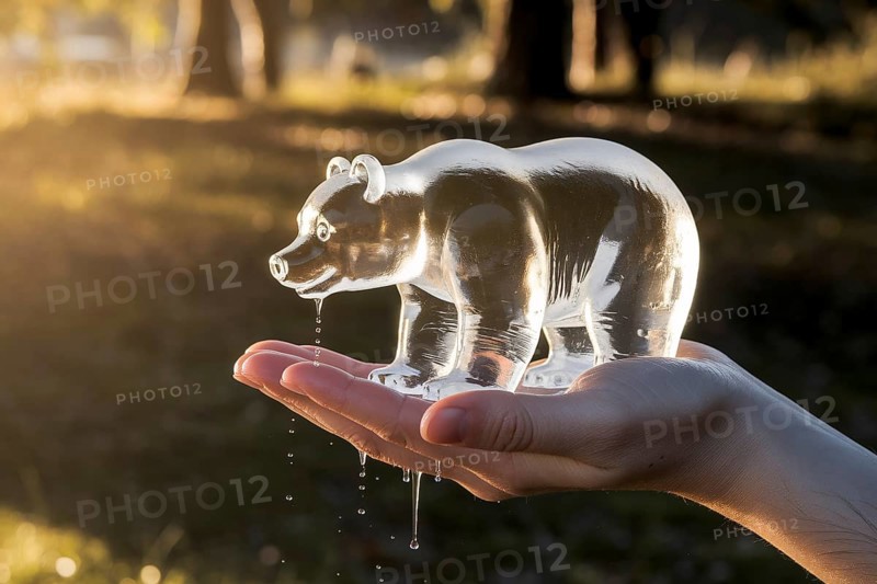 Melting ice bear held in human hand symbolizes climate change and global warming impact on wildlife. Generative Ai, AI generated