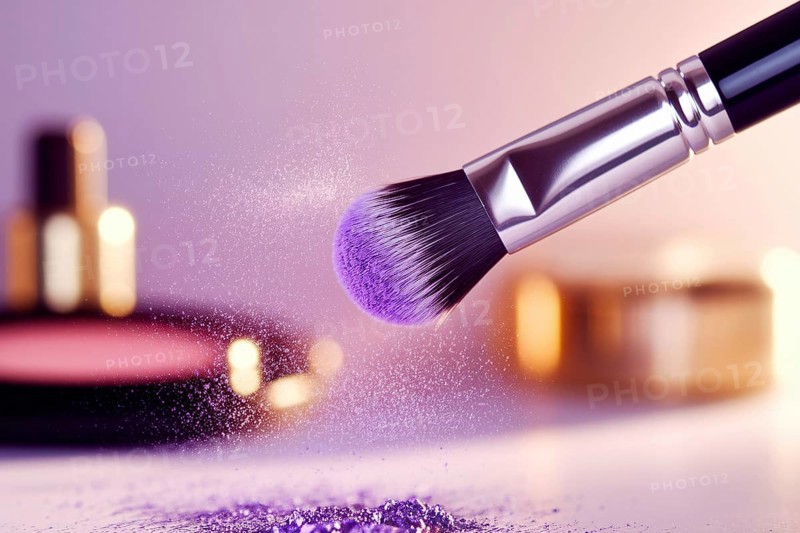 Makeup brush with shimmering purple eyeshadow. A luxurious display of beauty, elegance, and feminine artistry. Generative ai, AI generated