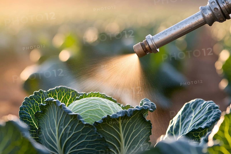 Pesticide sprayer aimed at fresh cabbage. A visual warning about toxins in modern agriculture. Generative ai, AI generated