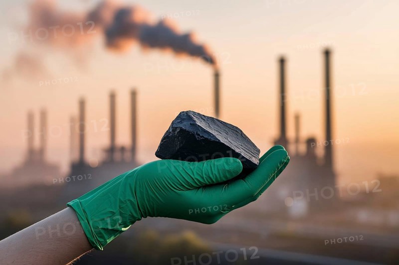 Green glove holding coal in front of smoking chimneys. A striking symbol of greenwashing and industrial hypocrisy. Generative ai, AI generated