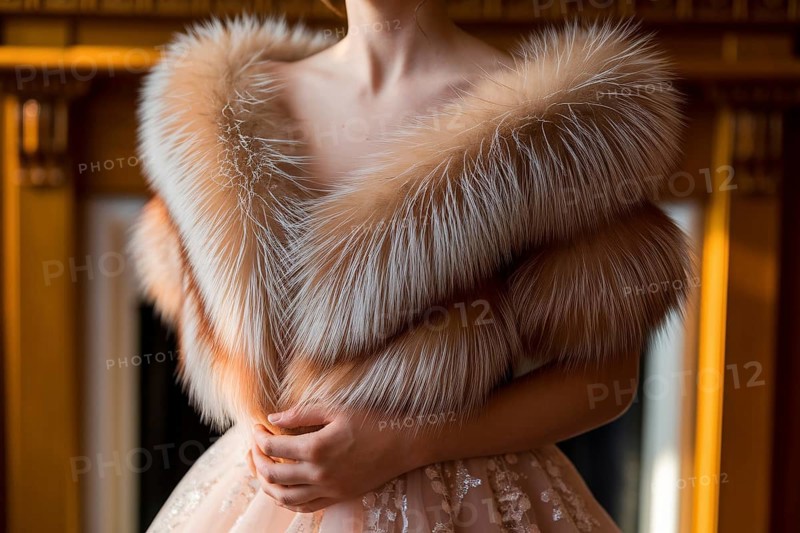 Elegant woman wearing real fox fur in golden light. Beauty shadowed by animal cruelty in luxury fashion. Generative ai, AI generated