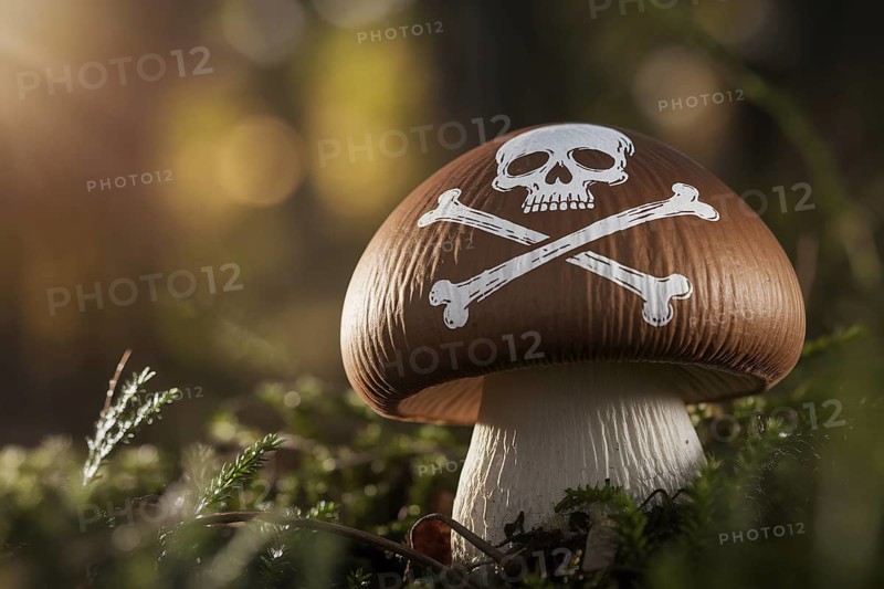 Skull and crossbones painted on mushroom warns of toxic danger in forest. Generative ai, AI generated