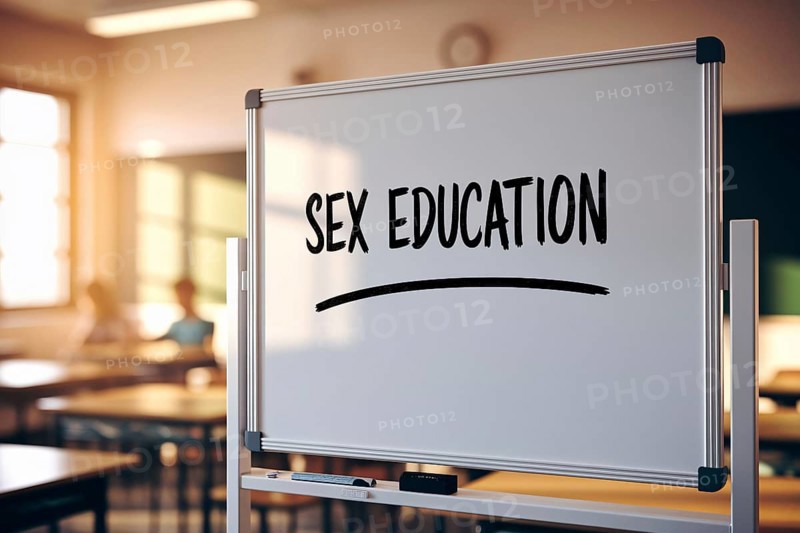 Whiteboard with Sex Education in modern classroom highlights importance of open, informed conversations on sexual health. Generative ai, AI generated