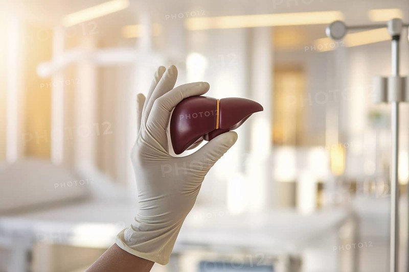 Gloved hand holding liver model in softly lit hospital room, symbolizing liver health, diagnosis, and precision medical care. Generative AI, AI generated
