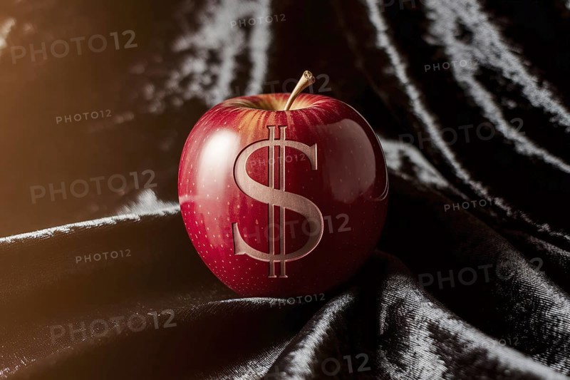Carved dollar sign on apple. A symbol of rising food costs and economic pressure. Generative ai, AI generated