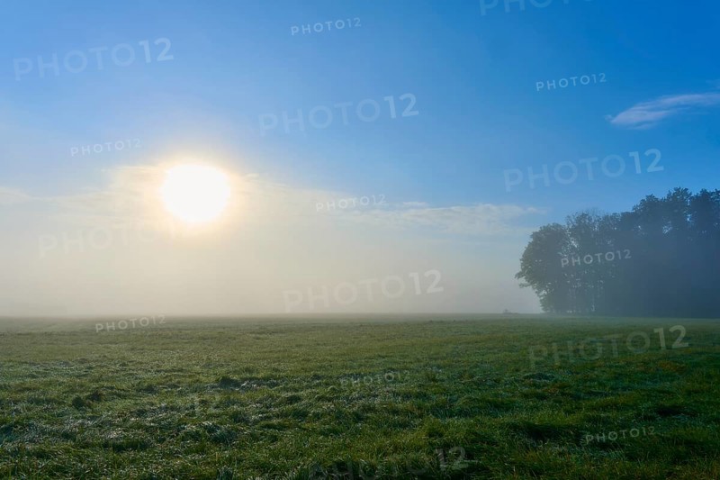 Wide green meadow with rising sun and sky, Mönchberg, Miltenberg, Spessart, Bavaria, Germany
