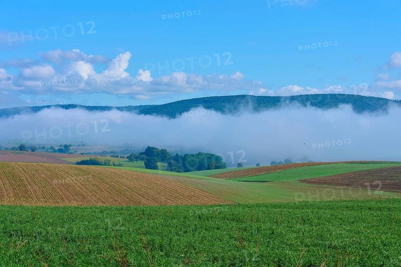 Fog drifts over hilly fields under a clear blue sky, Mönchberg, Miltenberg, Spessart, Bavaria, Germany