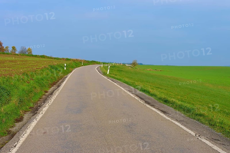 Country road leads through wide green fields under a clear sky, Hornbach, Walldürn, Odenwald, Neckar-Odenwald Kreis, Baden-Württemberg, Germany