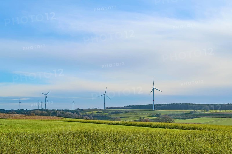 Wind turbines stand in a sunny and wide landscape, Buchen, Odenwald, Neckar-Odenwald district, Baden-Württemberg, Germany