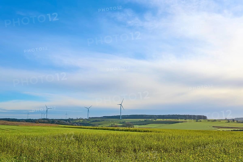 A wide landscape with wind turbines under a blue sky, Buchen, Odenwald, Neckar-Odenwald district, Baden-Württemberg, Germany