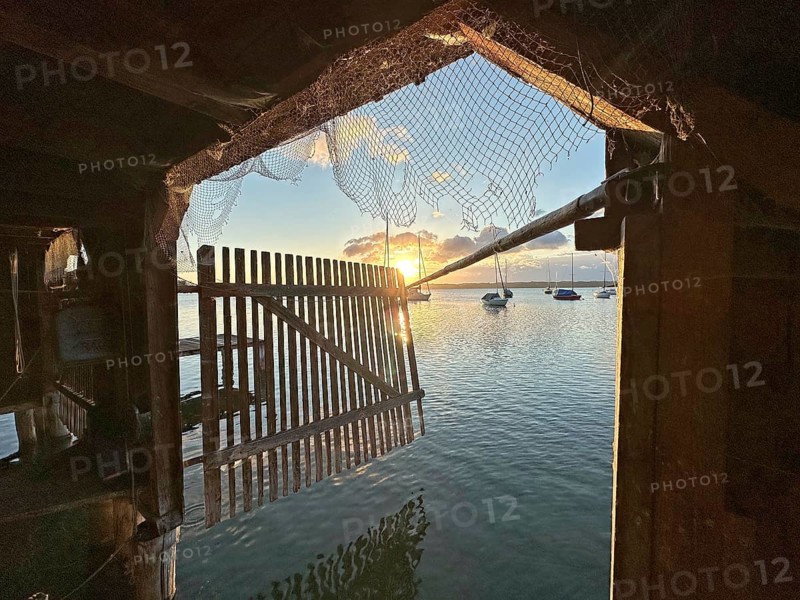 View from a boathouse onto Lake Starnberg at sunset, Bavaria, Germany