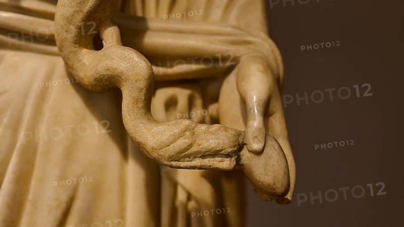Close-up of a marble hand holding a snake, conveying detail, Hygieia, goddess of health holding a snake, Archaeological Museum, Kos Town, Kos, Dodecanese, Greek Islands, Greece