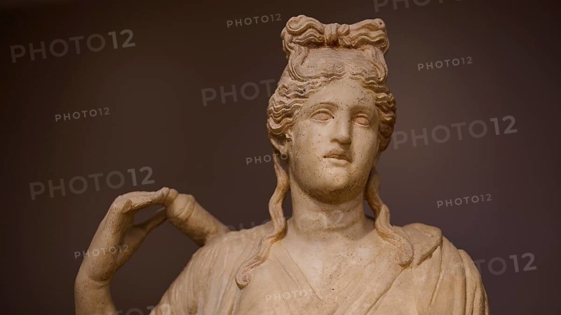Close-up of the head of a sculpture depicting Artemis with typical hairstyle, Archaeological Museum, Kos Town, Kos, Dodecanese, Greek Islands, Greece