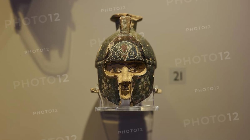 Ancient helmet, decorated, presented on a pedestal in an exhibition, depicting Hercules, Archaeological Museum, Kos Town, Kos, Dodecanese, Greek Islands, Greece