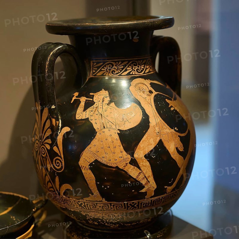 Antique vase depicting two warriors fighting in black and red, Amazonian battle, Antimacheia, Archaeological Museum, Kos Town, Kos, Dodecanese, Greek Islands, Greece