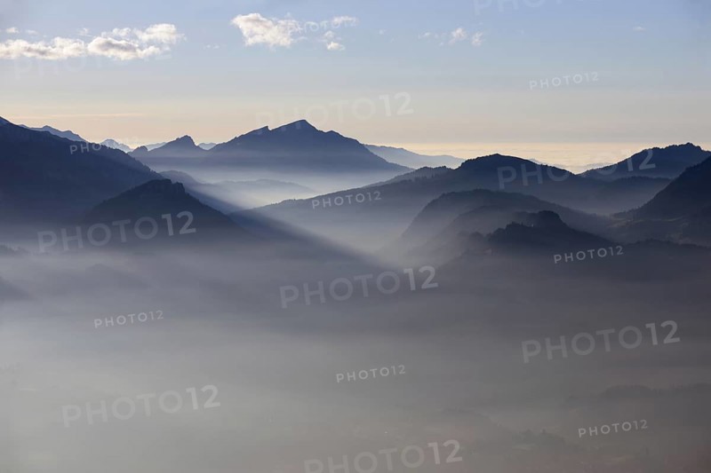 Mountain silhouettes... Alpine peaks and mountain ranges in the Bavarian Alps, romantic view from Oberstdorf towards Kleinwalsertal, Bavaria, Allgäu, Allgäu Alps, Germany