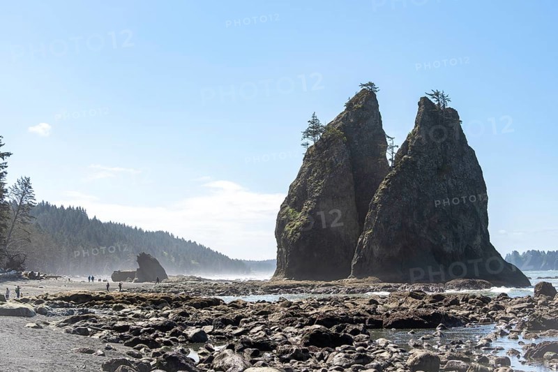 Large rocks protrude from a sandy beach against a clear blue sky, people walk along the shore, Rialto Beach, Olympic National Park, Washington, USA, North America