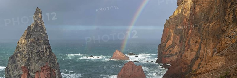 Sunset, rainbow at sea, volcanic peninsula, Ponta de São Lourenço, Ponta de Sao Lourenco, rocky coast, Punta de San Lorenzo, Madeira, Portugal