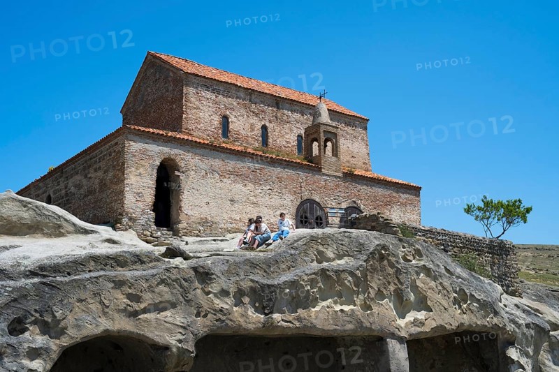 Ancient brick church on rocks, historical architecture in natural surroundings, 10th century princely church, Uplistsikhe cave town, Uplistsikhe, Inner Kartli region, Shida Kartli, Georgia