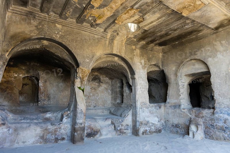 Historic cave with architectural structures and decorative elements, Tamaris Darbasi, Tamaras Hall, Uplistsikhe cave town, Inner-Kartli region, Shida Kartli, Georgia