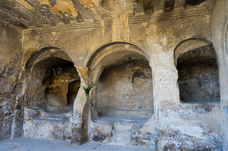 Ancient cave with stone arches and interior details, historic setting, Tamaris Darbasi, Tamaras Hall, Uplistsikhe cave town, Uplistsikhe, Inner Kartli region, Shida Kartli, Georgia