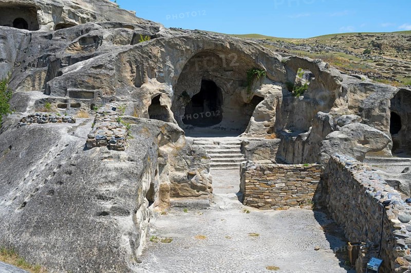Ancient rock construction with several entrances and a natural setting, Uplistsikhe cave town, Uplistsikhe, Inner Kartli region, Shida Kartli, Georgia