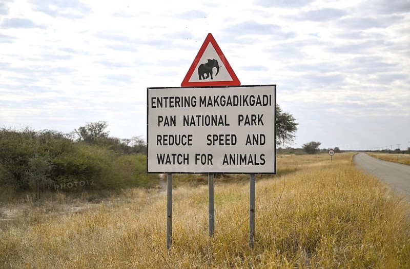 Sign near the entrance to Makgadikgadi Pans National Park, near Gewta, Central District, Botswana