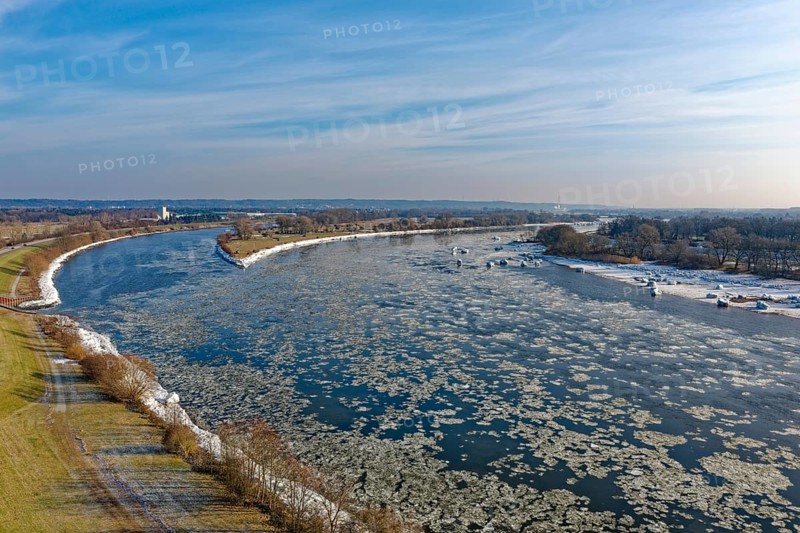 Ice rink on the Elbe near Hamburg near the Schwinder Haken off the Elbe island of Geesthacht. aerial view. Hamburg, Germany