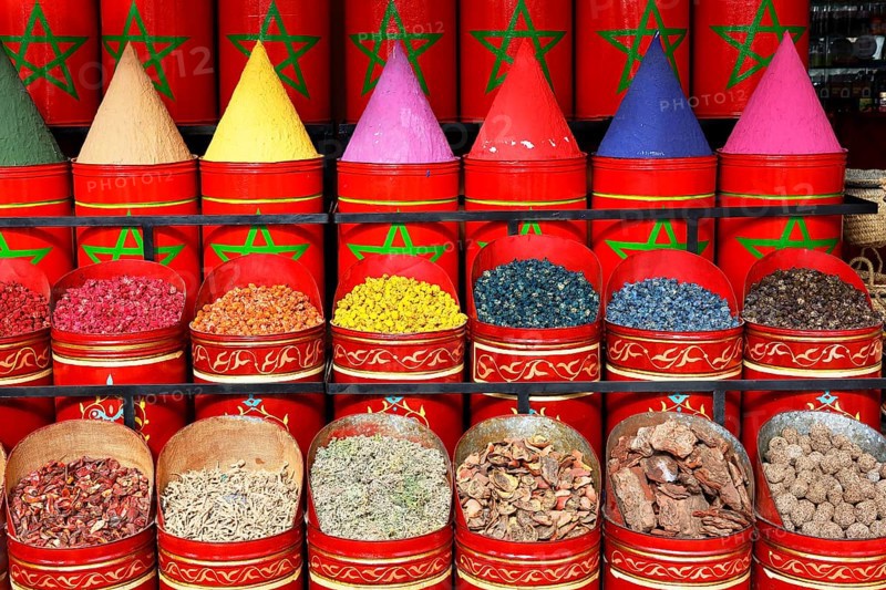 Sales stand selling spices and herbs at a market in Marrakech, historic old town, Medina, UNESCO World Heritage Site, Morocco